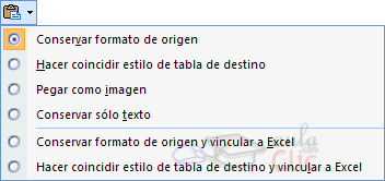 opciones de pegado